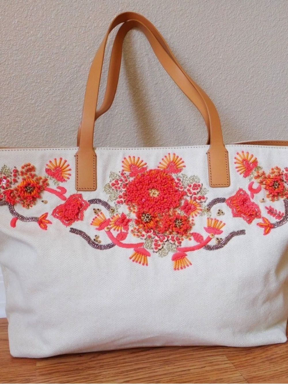 Tory Burch Cream Canvas Tote with Pink & Orange Floral Embroidery